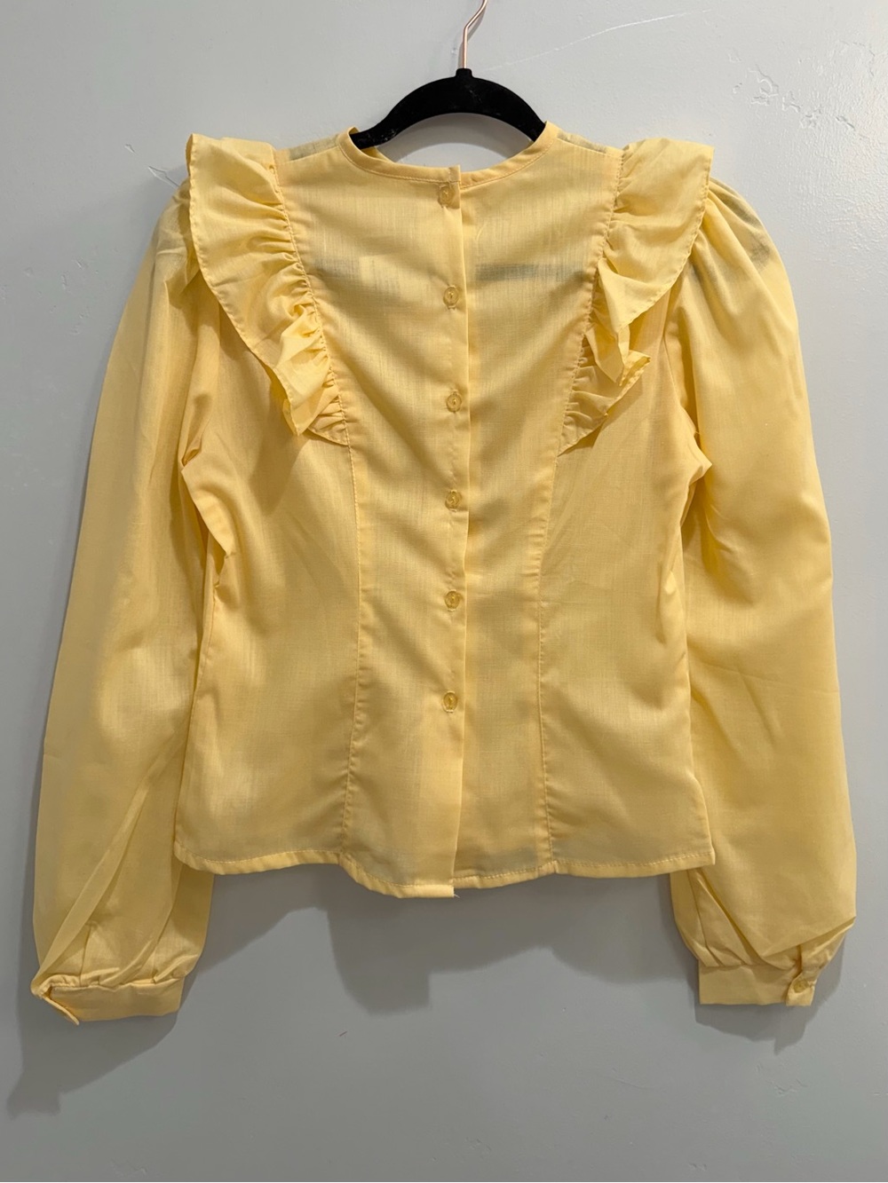 Vintage 70s You Babes Pastel Yellow Ruffle Tuxedo Pleat Blouse Back Button Sz S - Picture 11 of 16